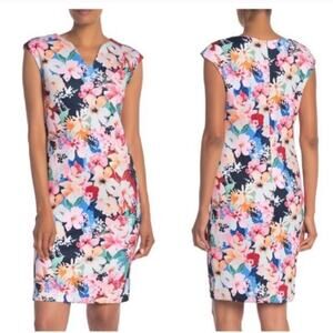 Tahari pink watercolor floral scuba V neck cap sleeve midi sheath dress M NEW